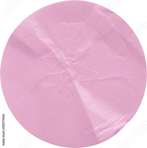 Blank pink round adhesive paper sticker label isolated on white background