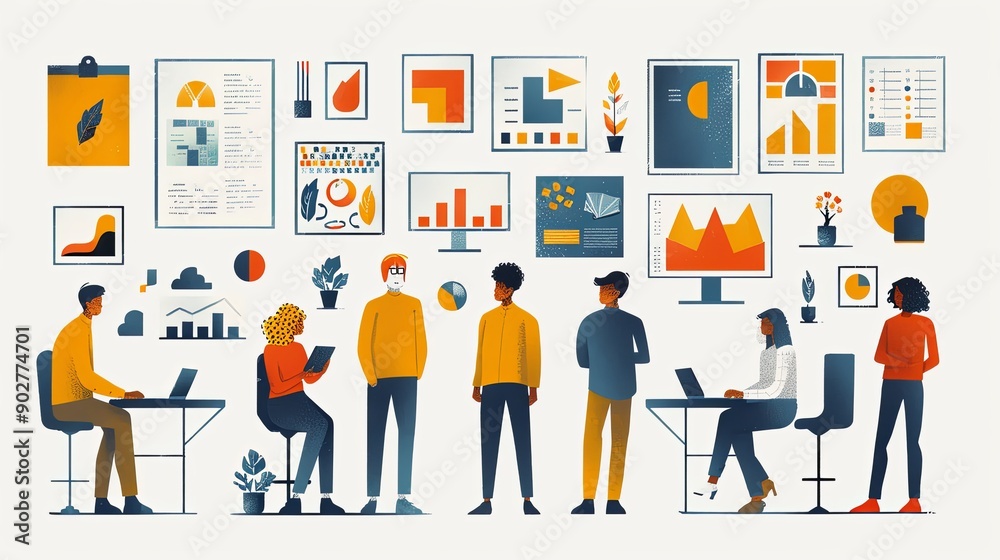 vector, illustration, Business Marketing illustrations. scenes with men and women taking part in business activities. Trendy vector style vector, illustration, Business Marketing illustrations. scenes with men and women taking part in business activities. Trendy vector style