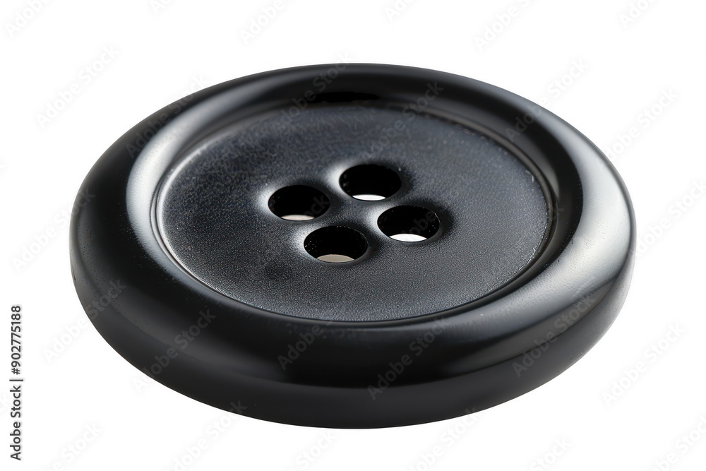 Close-Up of a Black Button with Four Holes on White Background, Minimalist Design Close-Up of a Black Button with Four Holes on White Background, Minimalist Design