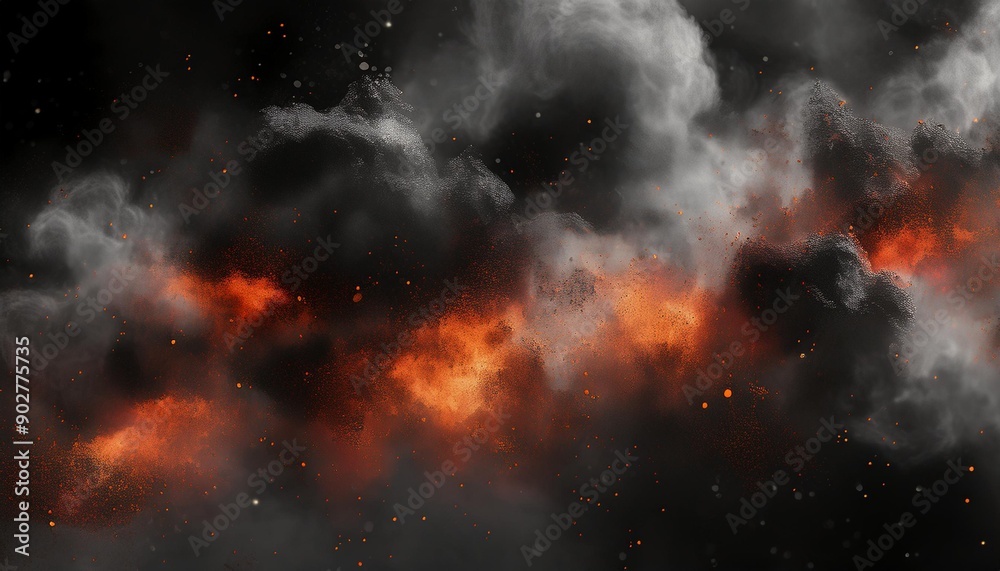 Fire explosion particles flying with black or grey dark smog cloud smoke. Dust texture spray