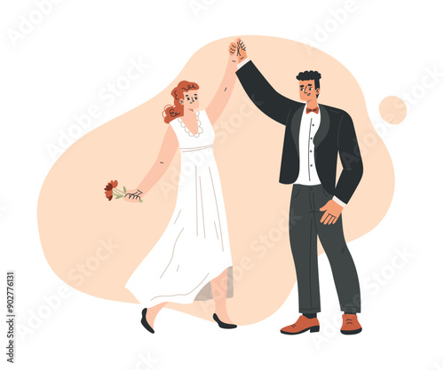 Marriage Couple with Man and Woman Bride and Groom Character Dancing Vector Illustration