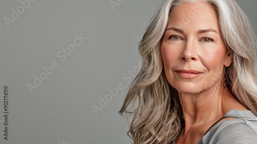 Portrait of a confident mature woman with long gray hair, looking at camera. Minimalistic style against a neutral background. Perfect for lifestyle and beauty concepts. AI.