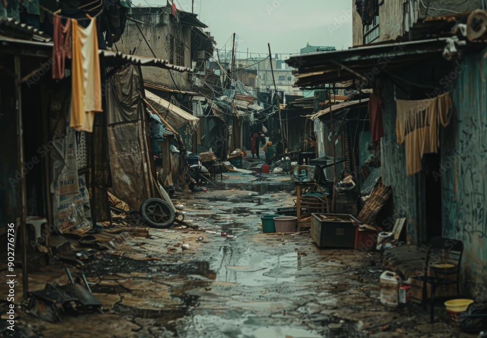 Fototapeta premium A cluster of makeshift homes in an alley, with a small community of people trying to find shelter and safety in an urban environment