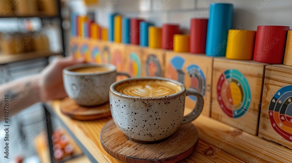 Two white coffee cups with a brown swirl on top sit on a wooden coaster Two white coffee cups with a brown swirl on top sit on a wooden coaster