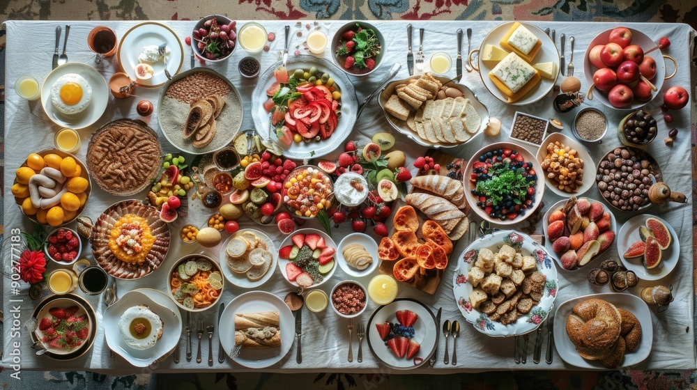 A table full of food with a variety of dishes including sandwiches, fruit, and desserts. The table is set for a large gathering or party A table full of food with a variety of dishes including sandwiches, fruit, and desserts. The table is set for a large gathering or party