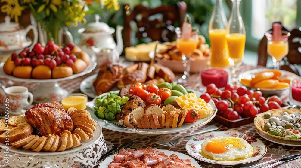 A large table is covered with a variety of food, including sandwiches, fruit, and eggs. The table is set for a large gathering, and there are several cups and wine glasses scattered around A large table is covered with a variety of food, including sandwiches, fruit, and eggs. The table is set for a large gathering, and there are several cups and wine glasses scattered around