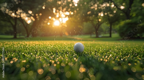 Tranquil Morning on the Golf Course. Serene golf ball close to the hole illuminated by... photo