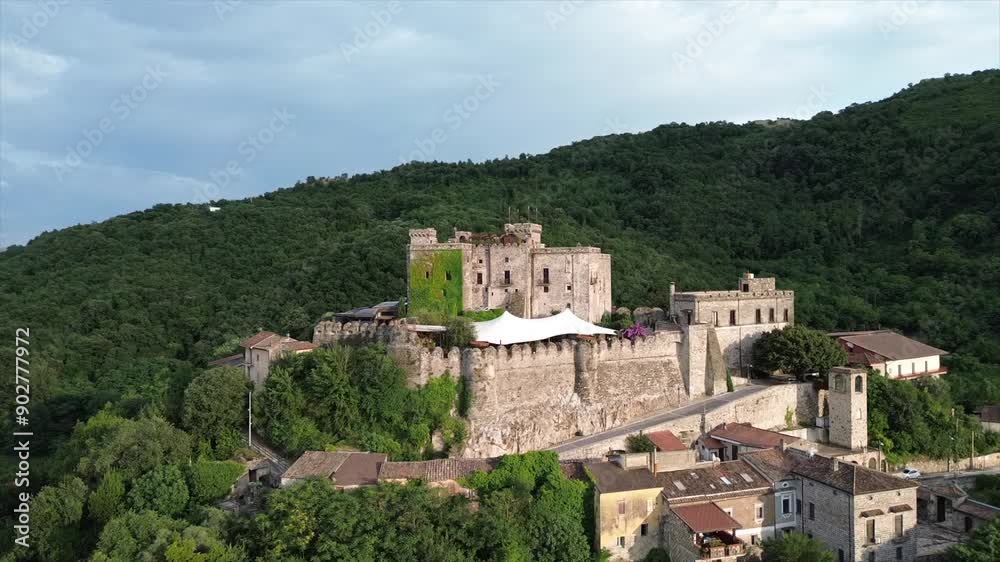 cinematic drone aerial viewi n summer time on sunrise lights about Limatola Castle Built in the 12th century by the Normans near Caserta cinematic drone aerial viewi n summer time on sunrise lights about Limatola Castle Built in the 12th century by the Normans near Caserta