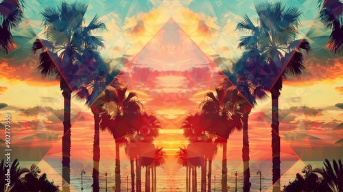 Tropical Sunset Mirage with Symmetric Palm Silhouettes