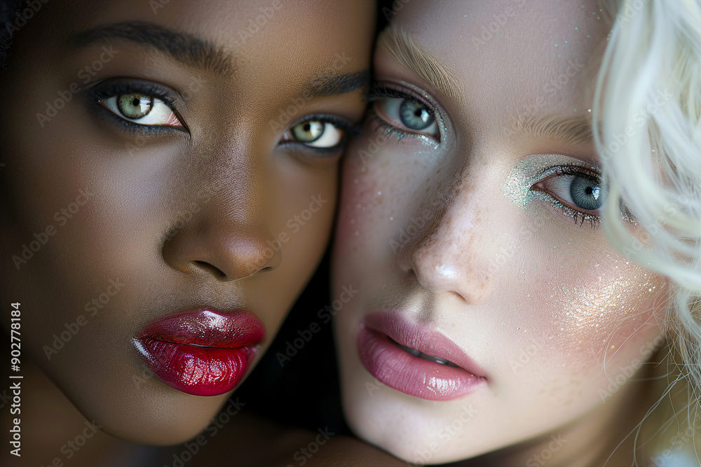 Created with generative AI picture of black african model facing albino woman Created with generative AI picture of black african model facing albino woman