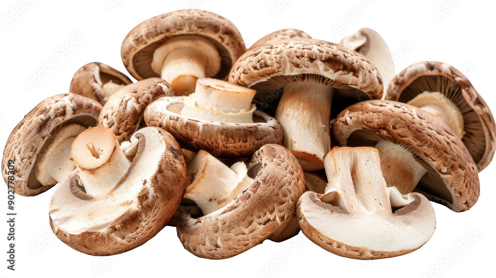 Close-Up Shot of Fresh Brown Mushrooms Against White Background, Perfect for Nature and Food Themes Close-Up Shot of Fresh Brown Mushrooms Against White Background, Perfect for Nature and Food Themes