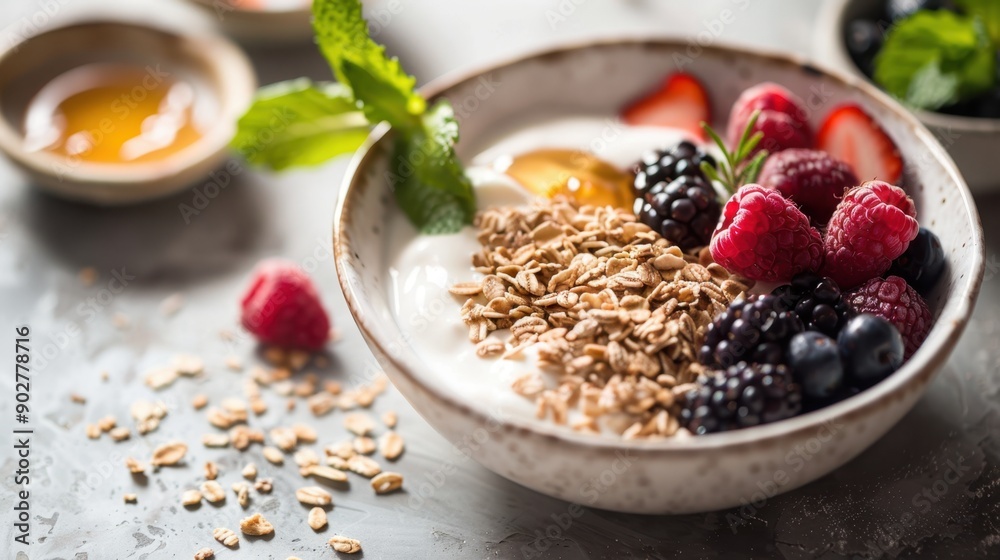 Fresh Berry Yogurt Bowl with Honey and Granola for Healthy Breakfast Fresh Berry Yogurt Bowl with Honey and Granola for Healthy Breakfast