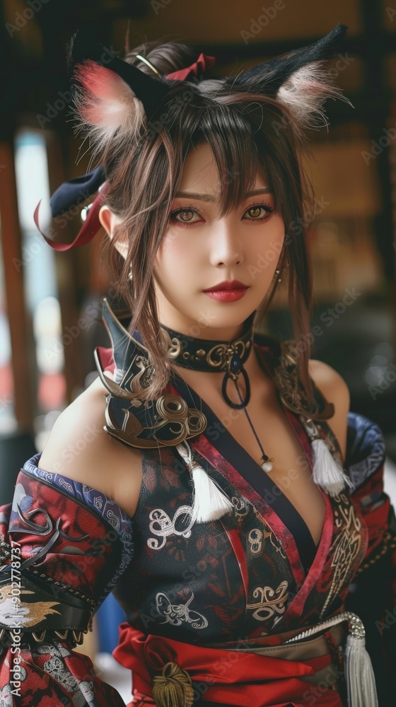 Fototapeta premium Model captivates with detailed cosplay costume, embodying character with grace