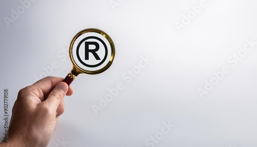 Register Trademark Copyright Symbol. A magnifying glass focuses on a registered trademark symbol on a white background, illustrating the concept of trademark registration and intellectual property. photo