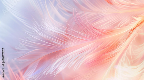 Soft white feathers delicately overlap on a creamy background. soft colorful feathers bright background © Nenone
