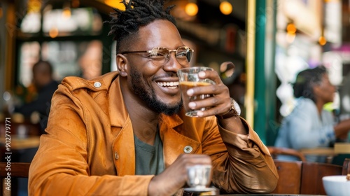 Stylish Man Enjoying Drink at Trendy Cafe