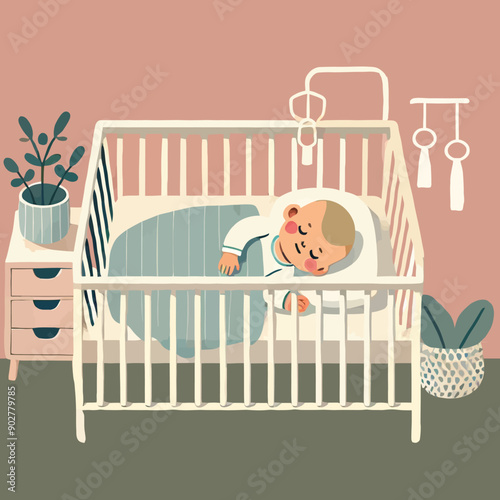 cartoon of a cute baby sleeping peacefully in a safe crib