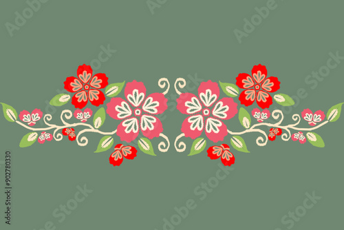 floral fabric pattern ikat style green , red , peach