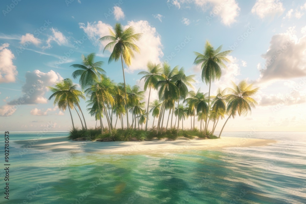 Fototapeta premium A beautiful tropical island surrounded by crystal-clear waters and palm trees, perfect for a relaxing vacation or exotic getaway