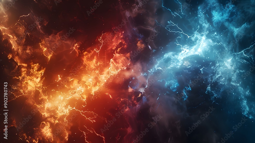 Dynamic Contrast. Fire and ice theme with abstract lightning bolts Dynamic Contrast. Fire and ice theme with abstract lightning bolts