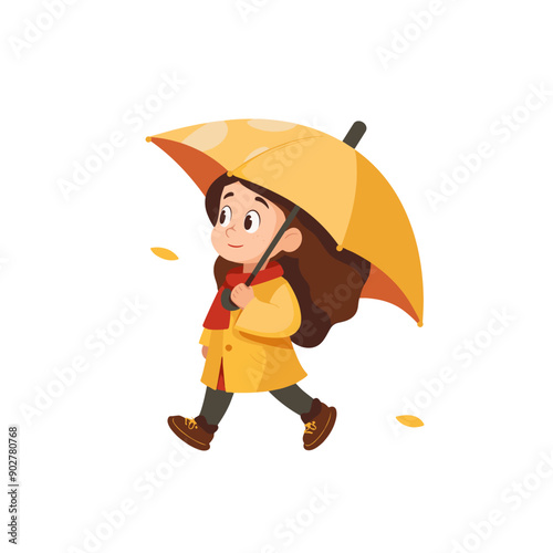 Cute girl walking with a yellow umbrella on a rainy day