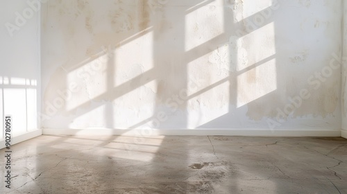 A room with visible moisture damage  water stains spreading from the ceiling down the walls  capturing the texture and color of the damp spots