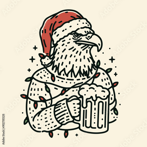  Bald Eagle wear santa claus hat tangled wrap around with Christmas lights holding a beer mug in christmas party   