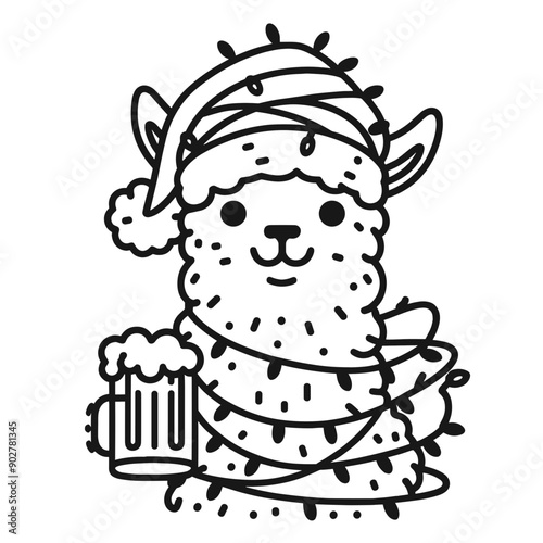  Alpaca wear santa claus hat tangled wrap around with Christmas lights holding a beer mug in christmas party   