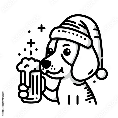  Beagle Dog wear santa claus hat tangled wrap around with Christmas lights holding a beer mug in christmas party   
