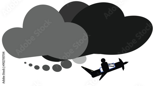 Aircraft in the sky. Cloud and plane simple design on white background.