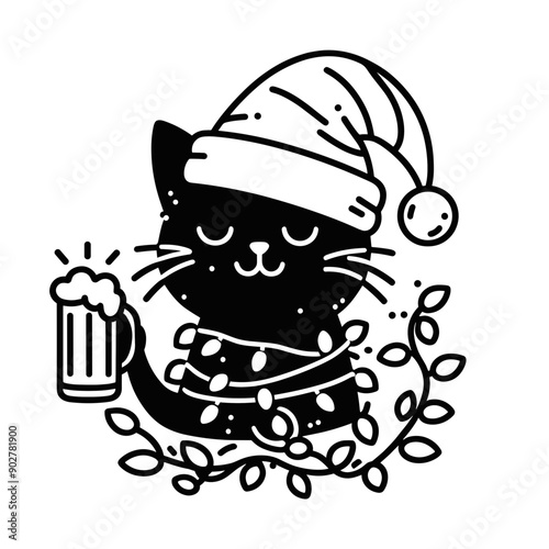 Black Cat wear santa claus hat tangled wrap around with Christmas lights holding a beer mug in christmas party   