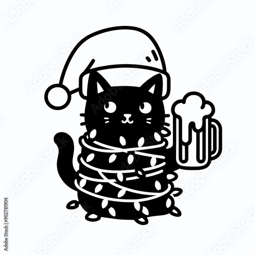  Black Cat wear santa claus hat tangled wrap around with Christmas lights holding a beer mug in christmas party   