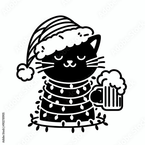  Black Cat wear santa claus hat tangled wrap around with Christmas lights holding a beer mug in christmas party   