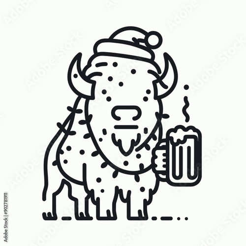  Bison wear santa claus hat tangled wrap around with Christmas lights holding a beer mug in christmas party   