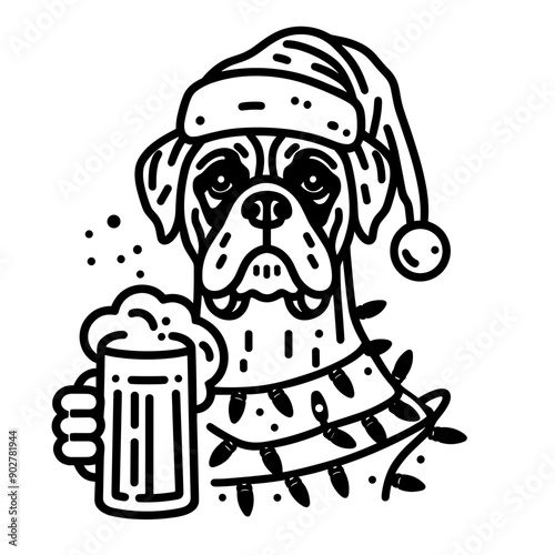  Boxer Dog wear santa claus hat tangled wrap around with Christmas lights holding a beer mug in christmas party   