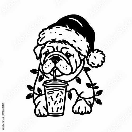  Bulldog Dog wear santa claus hat tangled wrap around with Christmas lights holding a beer mug in christmas party   