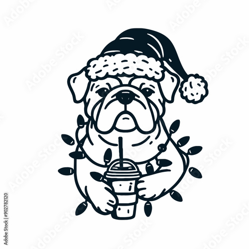  Bulldog Dog wear santa claus hat tangled wrap around with Christmas lights holding a beer mug in christmas party   