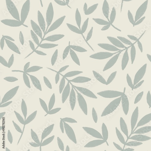 Cute nursery seamless pattern, wallpaper pattern, paper design, newborn fabric, textile, cozy boho branch and leaves, mint, beige