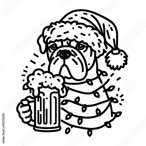  Bulldog Dog wear santa claus hat tangled wrap around with Christmas lights holding a beer mug in christmas party   