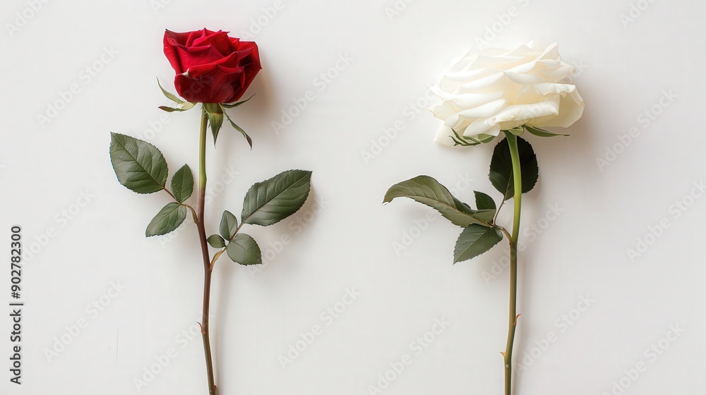 Fototapeta premium Red rose and white rose standing on white background