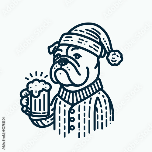  Bulldog Dog wear santa claus hat tangled wrap around with Christmas lights holding a beer mug in christmas party   