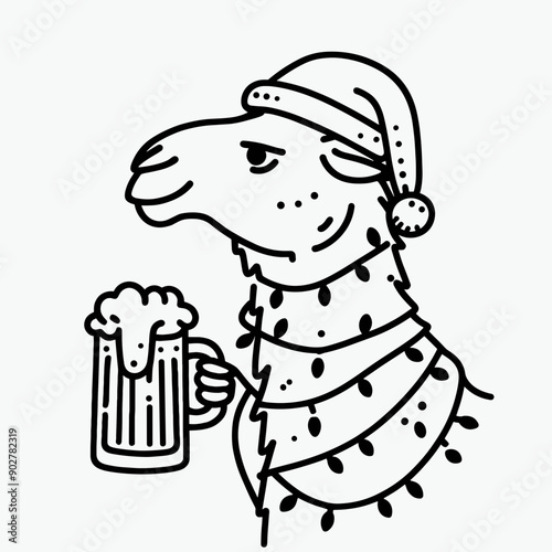  Camel wear santa claus hat tangled wrap around with Christmas lights holding a beer mug in christmas party   