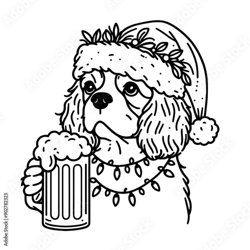  Cavalier King Charles Spaniel Dog wear santa claus hat tangled wrap around with Christmas lights holding a beer mug in christmas party   