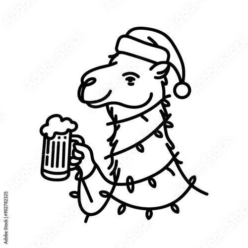  Camel wear santa claus hat tangled wrap around with Christmas lights holding a beer mug in christmas party   