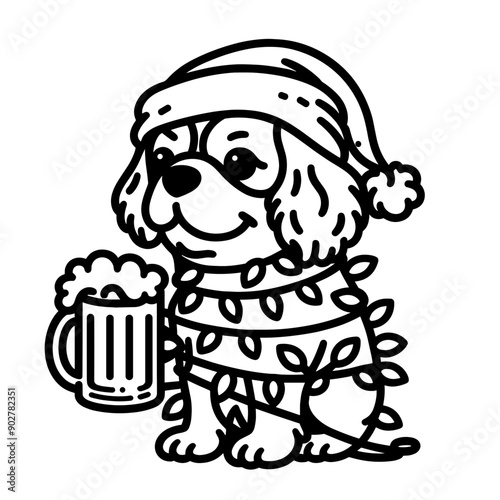  Cavalier King Charles Spaniel Dog wear santa claus hat tangled wrap around with Christmas lights holding a beer mug in christmas party   