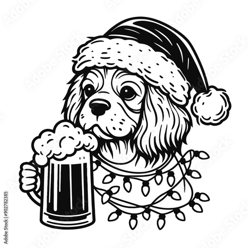  Cavalier King Charles Spaniel Dog wear santa claus hat tangled wrap around with Christmas lights holding a beer mug in christmas party   