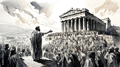 The Apostle Paul Preaching to a Diverse Crowd in the Ancient City of Athens, with the Iconic Acropolis in the Background, Delivering a Powerful Religious Message of Faith and Salvation photo