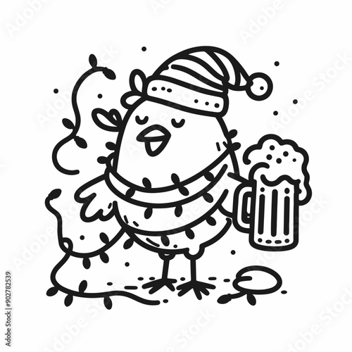  Chicken wear santa claus hat tangled wrap around with Christmas lights holding a beer mug in christmas party 