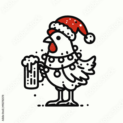  Chicken wear santa claus hat tangled wrap around with Christmas lights holding a beer mug in christmas party   