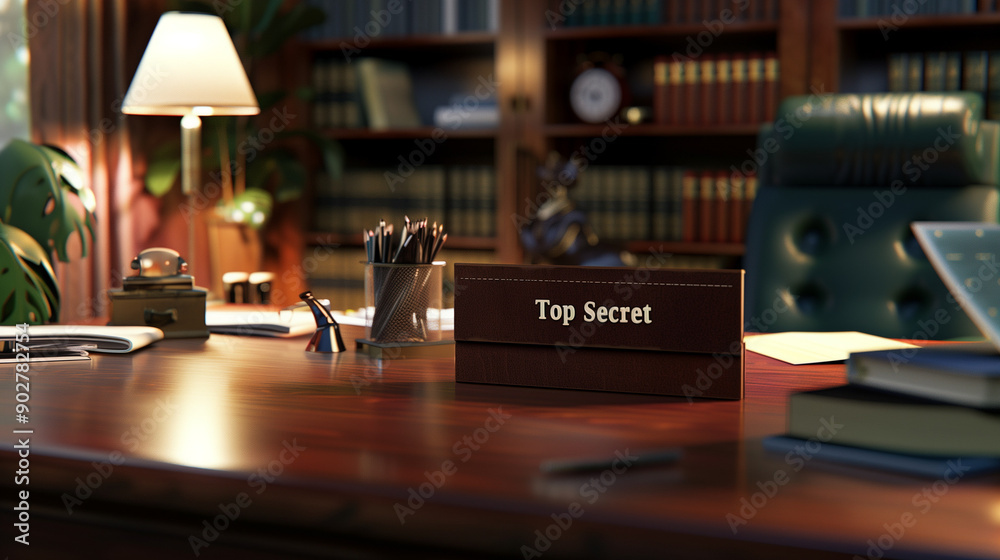 Top Secret Document on Wooden Desk in Dimly Lit Office with Copy Space Top Secret Document on Wooden Desk in Dimly Lit Office with Copy Space